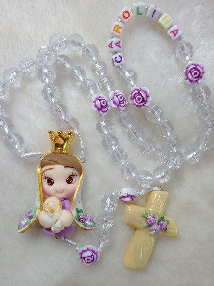 Terço de Nossa Senhora de Nazaré Rosa em Biscuit com Nome