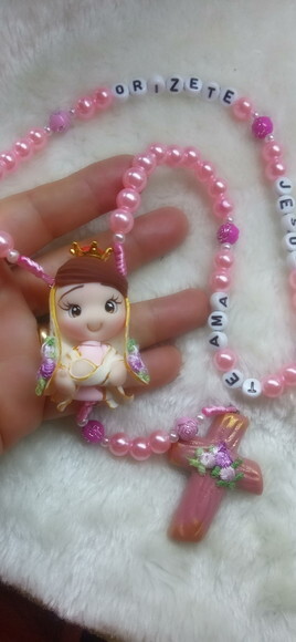 Terço de Nossa Senhora de Nazaré Rosa em Biscuit com Nome