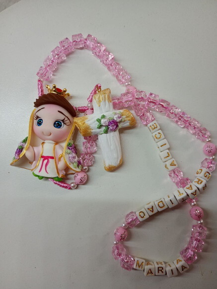 Terço Nossa Senhora das Graças Rosa em Biscuit com Nome