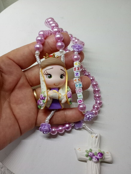 Terço Nossa Senhora de Nazaré Lilás em Biscuit com Nome