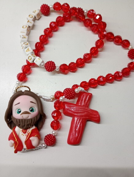 Terço Sagrado Coração de Jesus com Nome em Biscuit