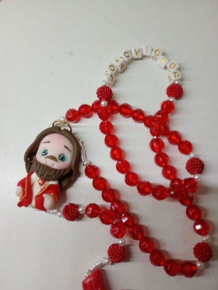 Terço Sagrado Coração de Jesus com Nome em Biscuit