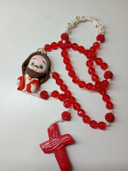 Terço Sagrado Coração de Jesus com Nome em Biscuit