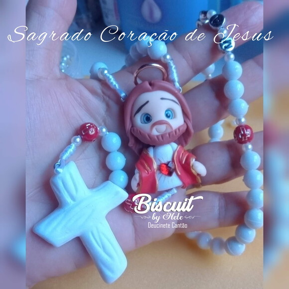 Terço Sagrado Coração de Jesus com Nome em Biscuit