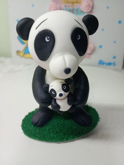 Toy Colecionável Urso Panda com Filhote em Biscuit.