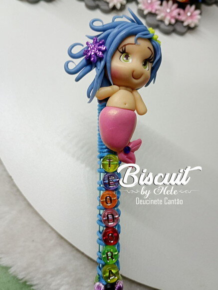 Caneta Sereia com Nome em Biscuit