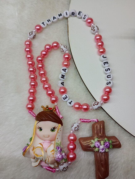 Terço de Nossa Senhora de Nazaré Rosa em Biscuit com Nome