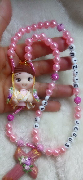 Terço de Nossa Senhora de Nazaré Rosa em Biscuit com Nome