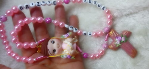 Terço de Nossa Senhora de Nazaré Rosa em Biscuit com Nome