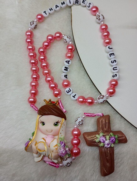 Terço de Nossa Senhora de Nazaré Rosa em Biscuit com Nome