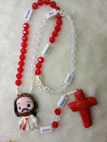 Terço Jesus da Misericórdia com Nome em Biscuit