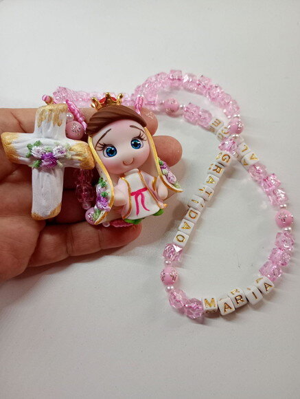 Terço Nossa Senhora das Graças Rosa em Biscuit com Nome