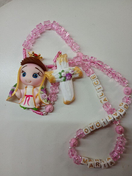 Terço Nossa Senhora das Graças Rosa em Biscuit com Nome