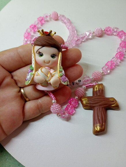 Terço Nossa Senhora de Nazaré Rosa em Biscuit