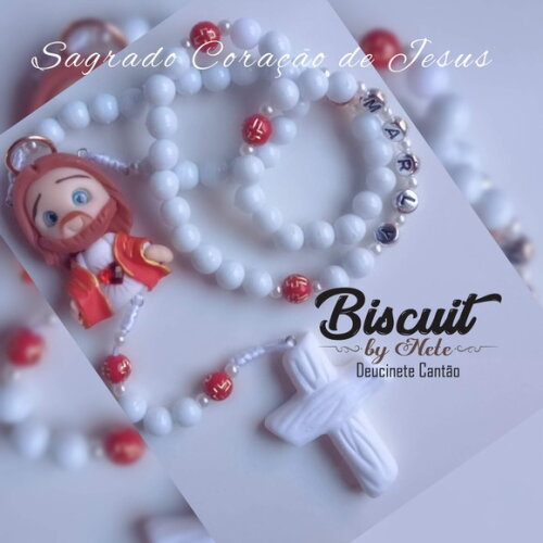Terço Sagrado Coração de Jesus com Nome em Biscuit