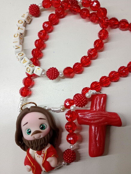 Terço Sagrado Coração de Jesus com Nome em Biscuit