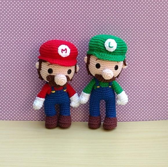 Mario, Luigi, Cogumelo Verde e Cogumelo Vermelho Amigurumi