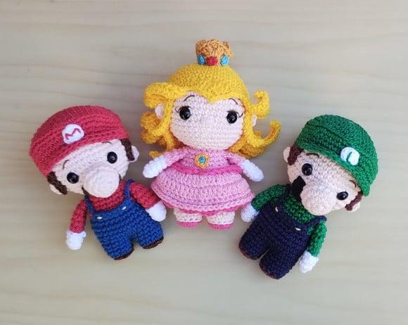 Mario, Peach e Luigi Chibi - Super Mario Amigurumi