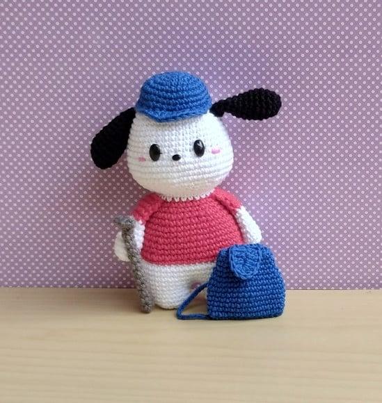 Pochacco com Mochila e Bengala Caminhada Amigurumi
