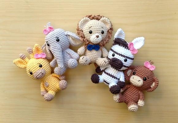 Safári Meninas -leão-elefante-girafa-macaco-zebra Amigurumi