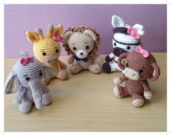 Safári Meninas -leão-elefante-girafa-macaco-zebra Amigurumi