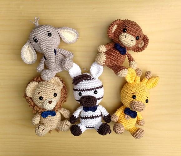 Safári Meninos -leão-elefante-girafa-macaco-zebra Amigurumi