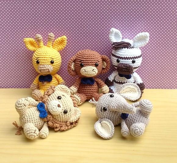 Safári Meninos -leão-elefante-girafa-macaco-zebra Amigurumi