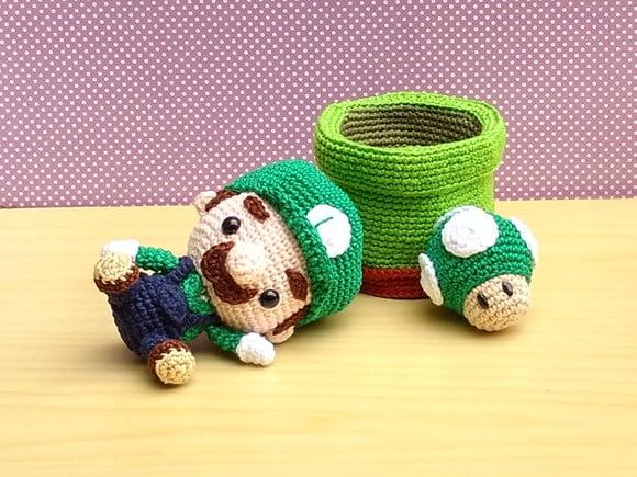 Set Mario, Luigi, 2 Canos e 2 Cogumelos Amigurumi