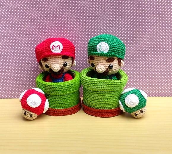 Set Mario, Luigi, 2 Canos e 2 Cogumelos Amigurumi