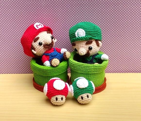 Set Mario, Luigi, 2 Canos e 2 Cogumelos Amigurumi
