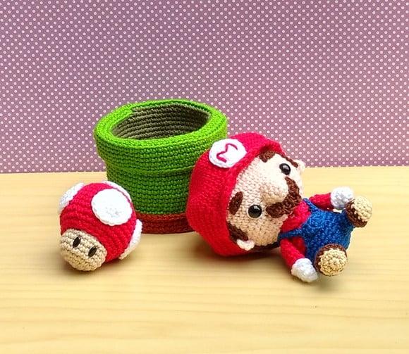 Set Mario, Luigi, 2 Canos e 2 Cogumelos Amigurumi