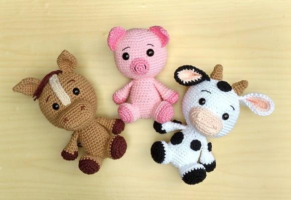 Trio Fazendinha Baby - Cavalo, Porco e Vaca Amigurumi