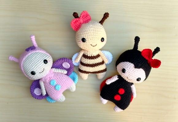 Trio Jardim Encantado Borboleta, Abelha e Joaninha Amigurumi