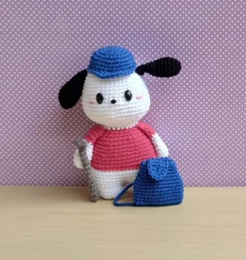 Pochacco com Mochila e Bengala Caminhada Amigurumi