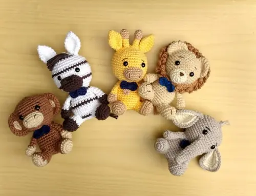 Safári Meninos -leão-elefante-girafa-macaco-zebra Amigurumi