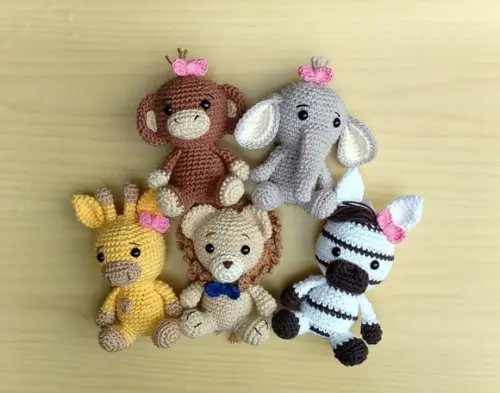 Safári Meninas -leão-elefante-girafa-macaco-zebra Amigurumi