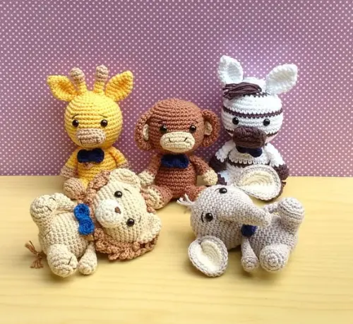 Safári Meninos -leão-elefante-girafa-macaco-zebra Amigurumi