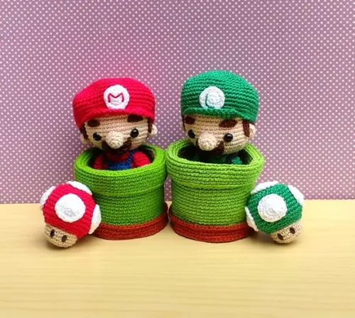 Set Mario, Luigi, 2 Canos e 2 Cogumelos Amigurumi
