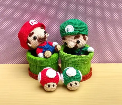 Set Mario, Luigi, 2 Canos e 2 Cogumelos Amigurumi