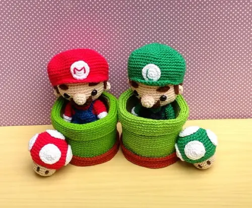 Set Mario, Luigi, 2 Canos e 2 Cogumelos Amigurumi