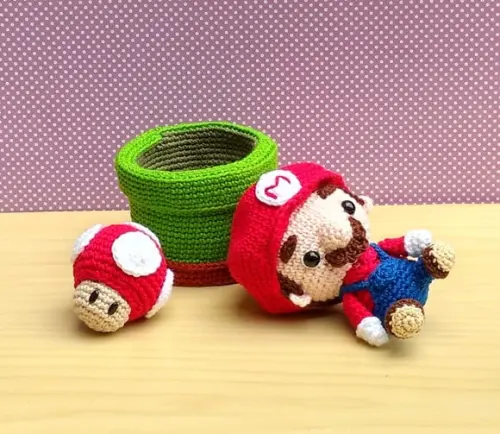 Set Mario, Luigi, 2 Canos e 2 Cogumelos Amigurumi