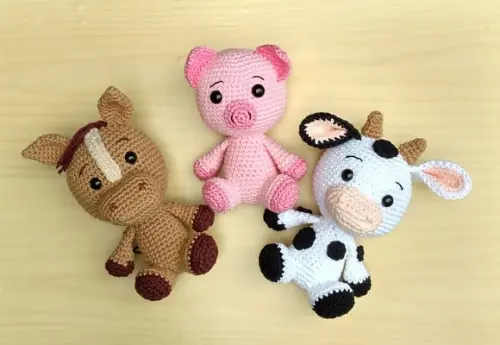 Trio Fazendinha Baby - Cavalo, Porco e Vaca Amigurumi
