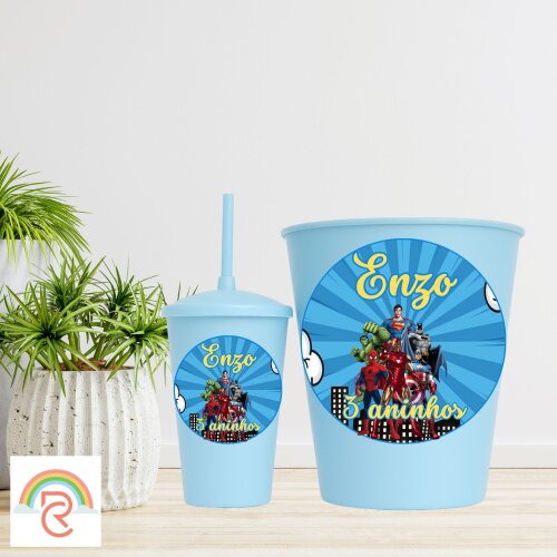 Kit Cinema - Balde de Pipoca com copo Twister personalizado - Super Heróis - Todos os Temas
