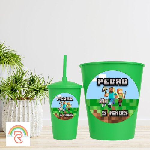 Kit Cinema - Balde de Pipoca com copo Twister personalizado - Minecraft- Todos os Temas