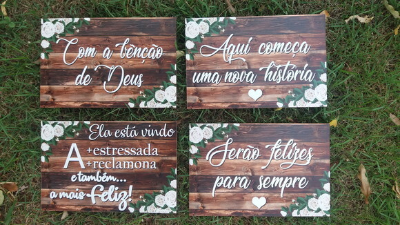 4 Placas de Casamento com Sua Frase Floral Branco