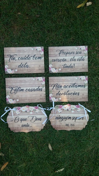 4 Placas Pajem + 2 Placa Das Cadeiras Em Mdf Com Sua Frase