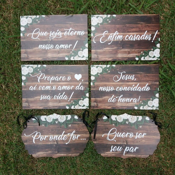 4 Placas Pajem + 2 Placa Das Cadeiras Em Mdf Com Sua Frase