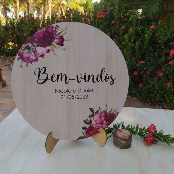 Placa Casamento Boas Vindas Redonda 40x40cm