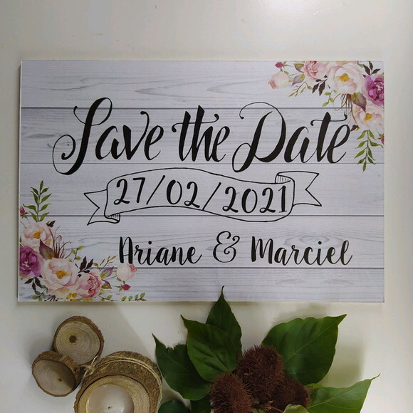 Plaquinha SAVE THE DATE em MDF