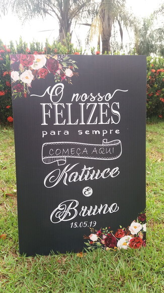 Quadro Chalkboard Casamento  Felizes para Sempre Marsala